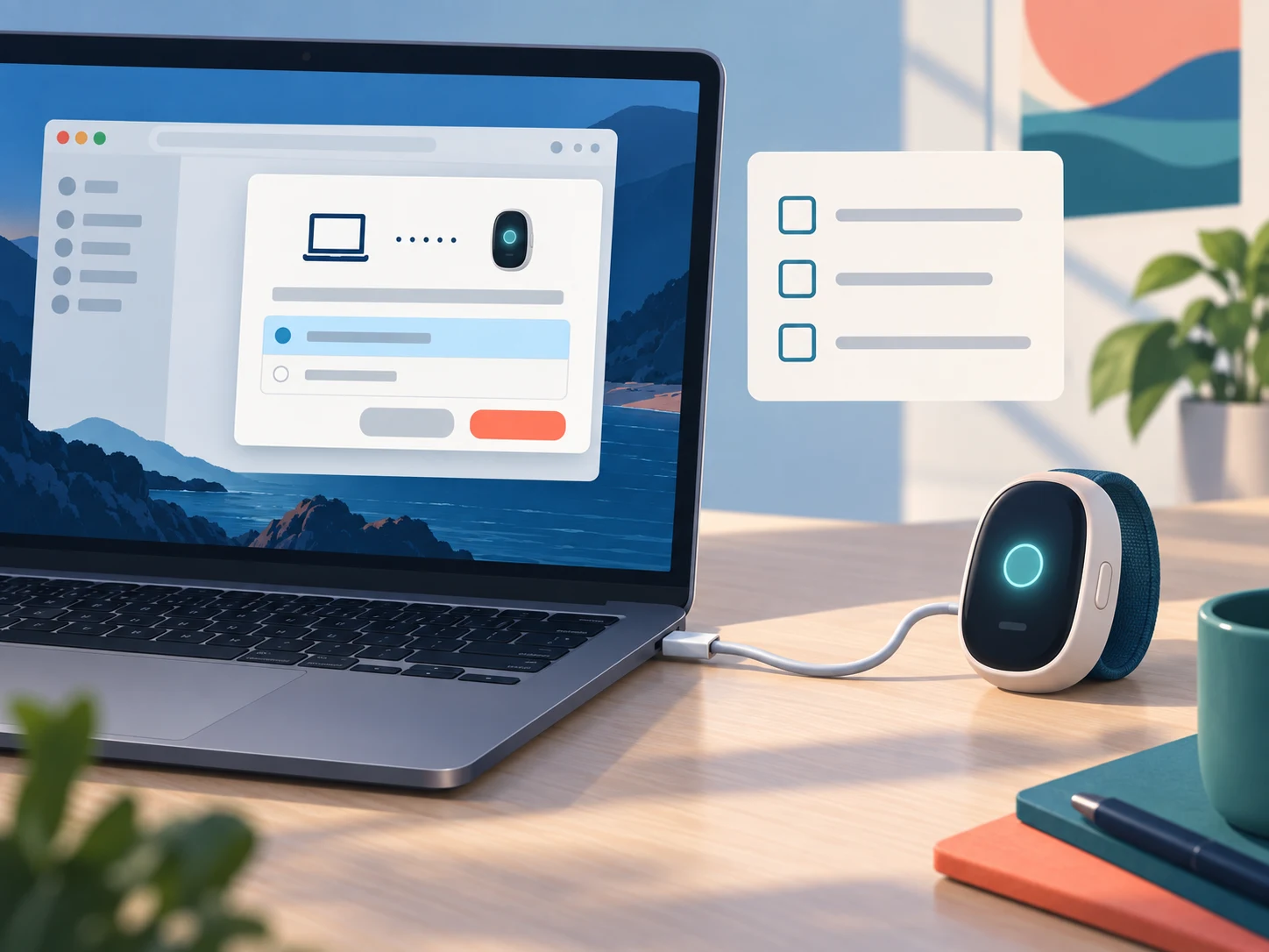 笔记本通过 USB 连接 AI Passport，在浏览器中授权串口并完成安装校验