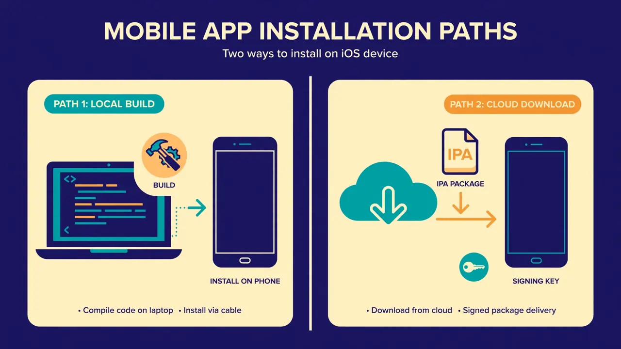 AirBeep 两条安装路径：Xcode 本地构建与云端 unsigned IPA 侧载示意