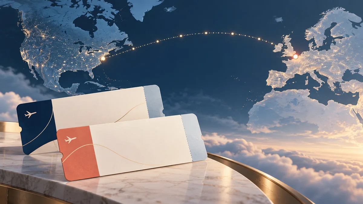 Amex 航空伙伴转点加成 抽象登机牌与北美至欧洲航线,代表信用卡点数转为航空里程