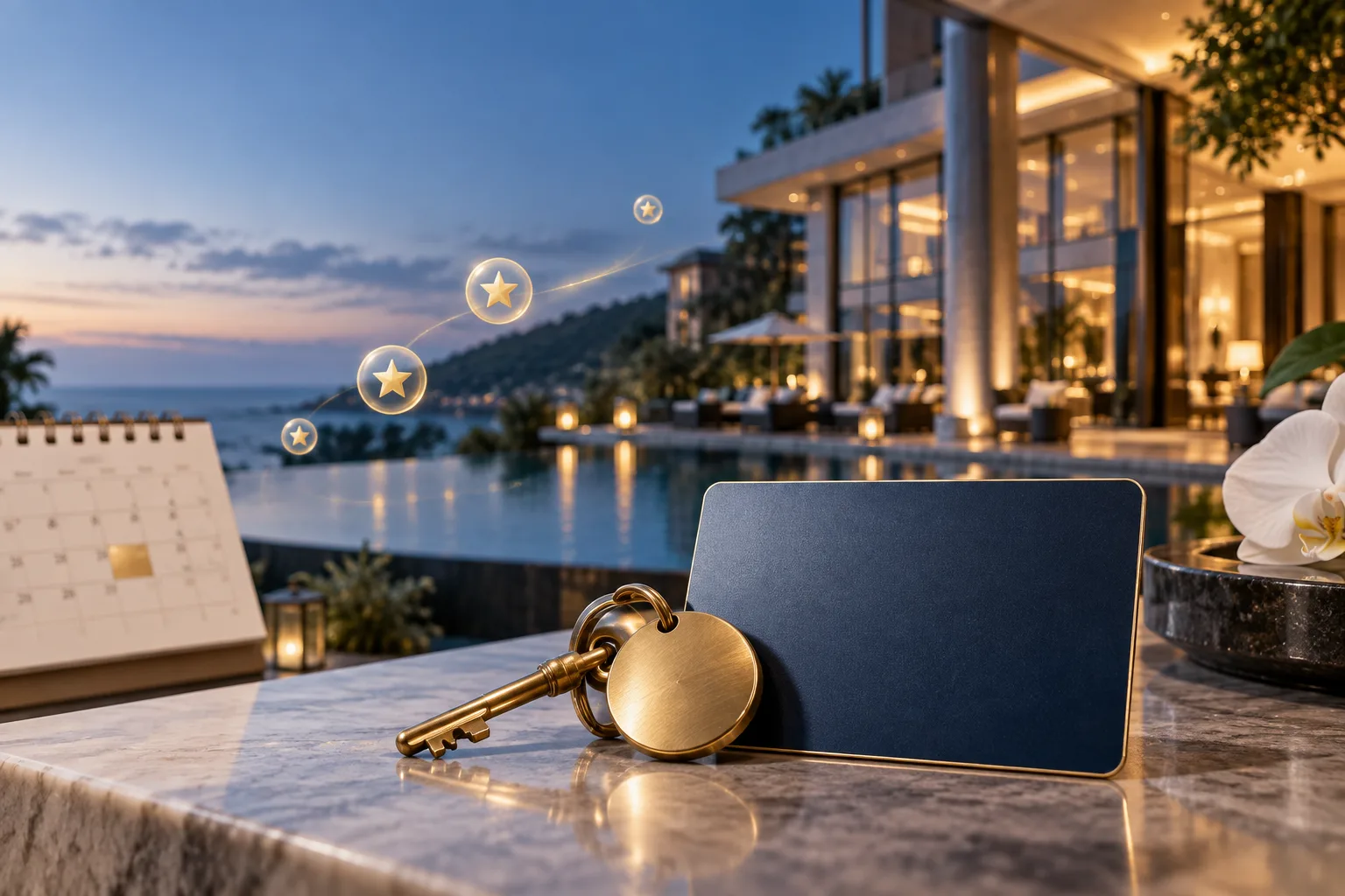 Marriott Bonvoy Bevy 酒店奖励信用卡 蓝灰色酒店奖励卡、酒店钥匙和五张房晚券组成的概念封面