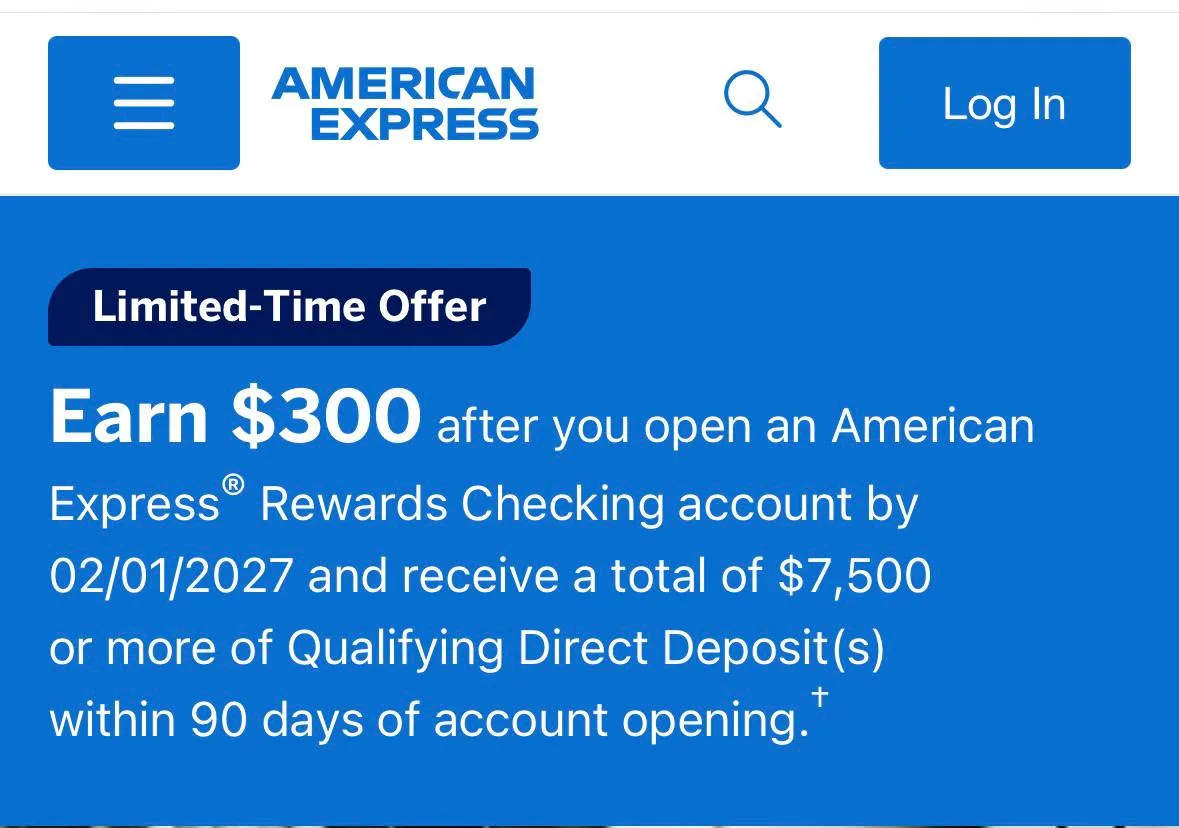 American Express Rewards Checking 300美元限时开户优惠