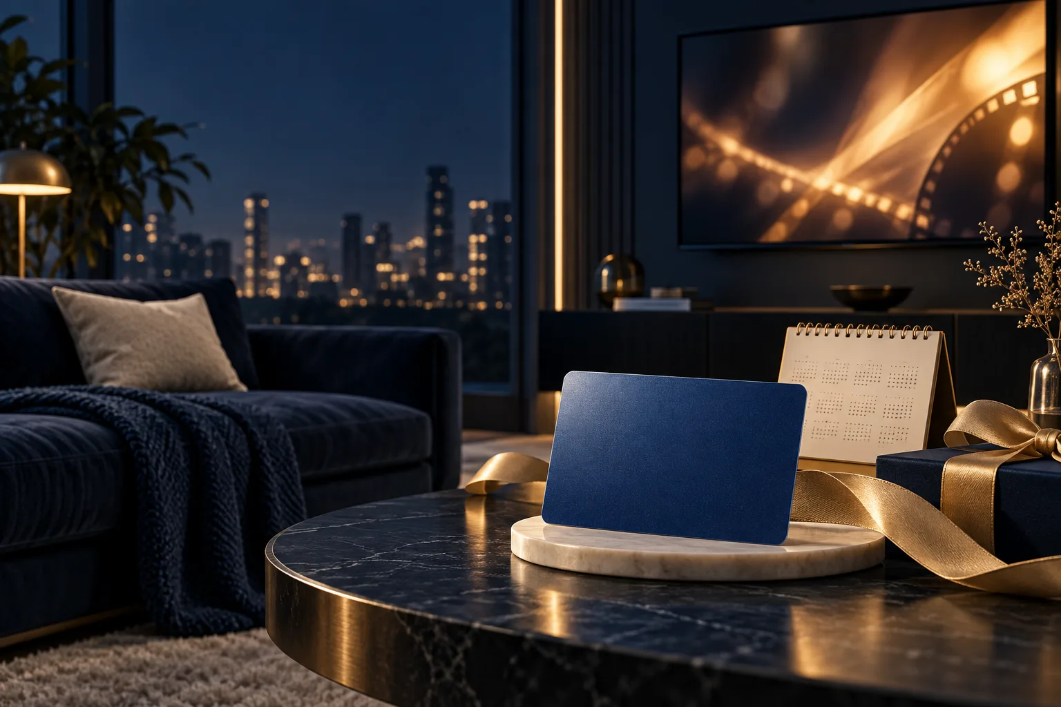 Chase Sapphire Apple TV 流媒体权益 深蓝色客厅、电视光影和无品牌卡片组成的流媒体权益概念封面