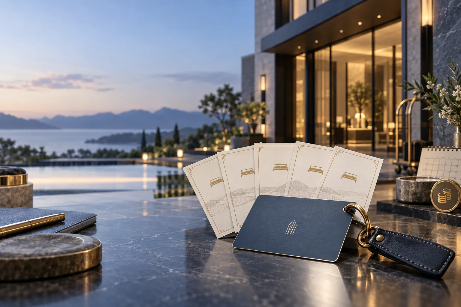Chase IHG Premier 酒店奖励概念图 酒店奖励信用卡开卡奖励概念图:酒店、钥匙、五张房晚券和积分符号