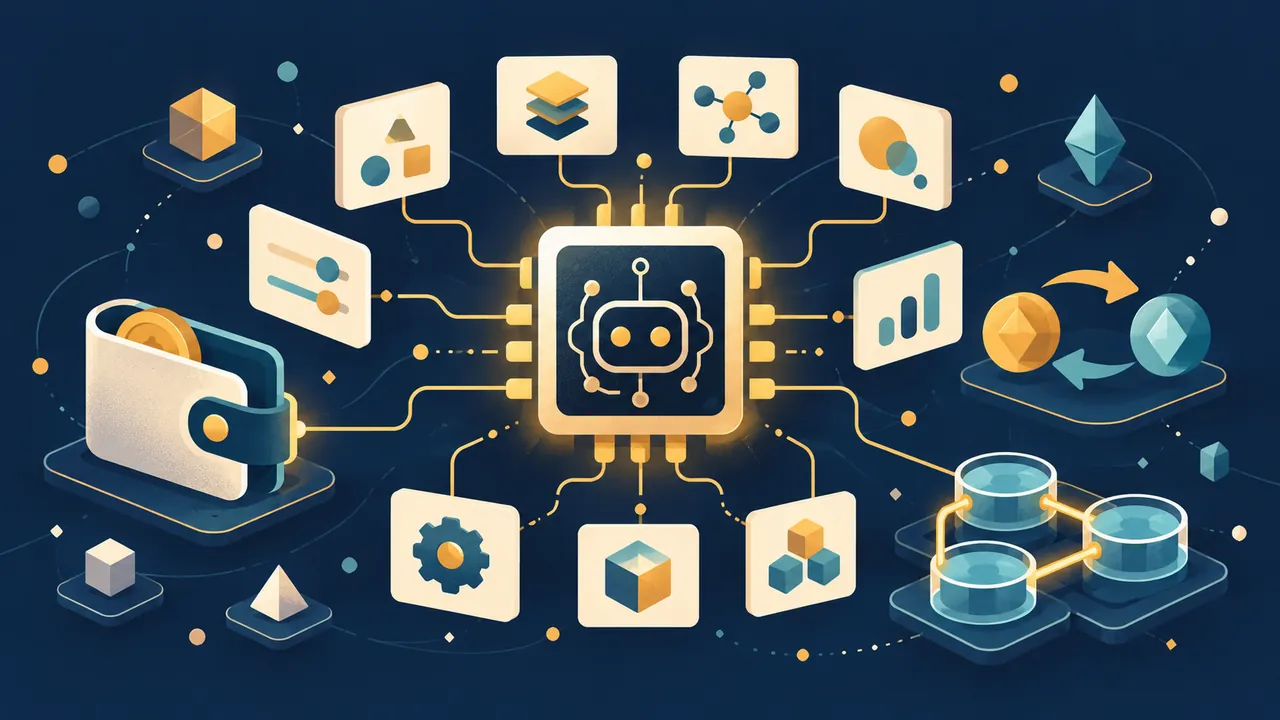 CryptoSkill：AI Agent 的加密货币技能库主题概念插画