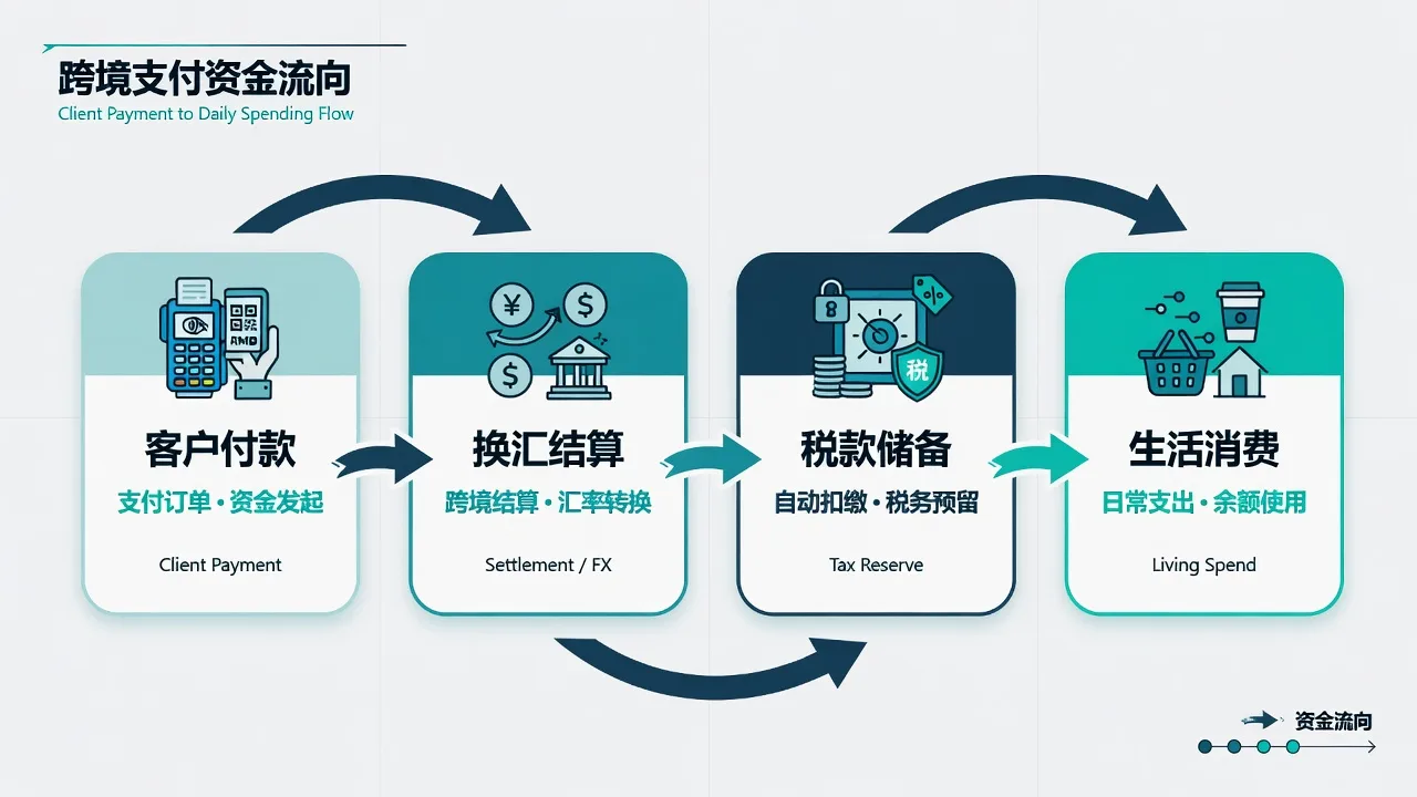 四层资金链路：客户收款后进行换汇结算，再分配税款、备用金和生活消费