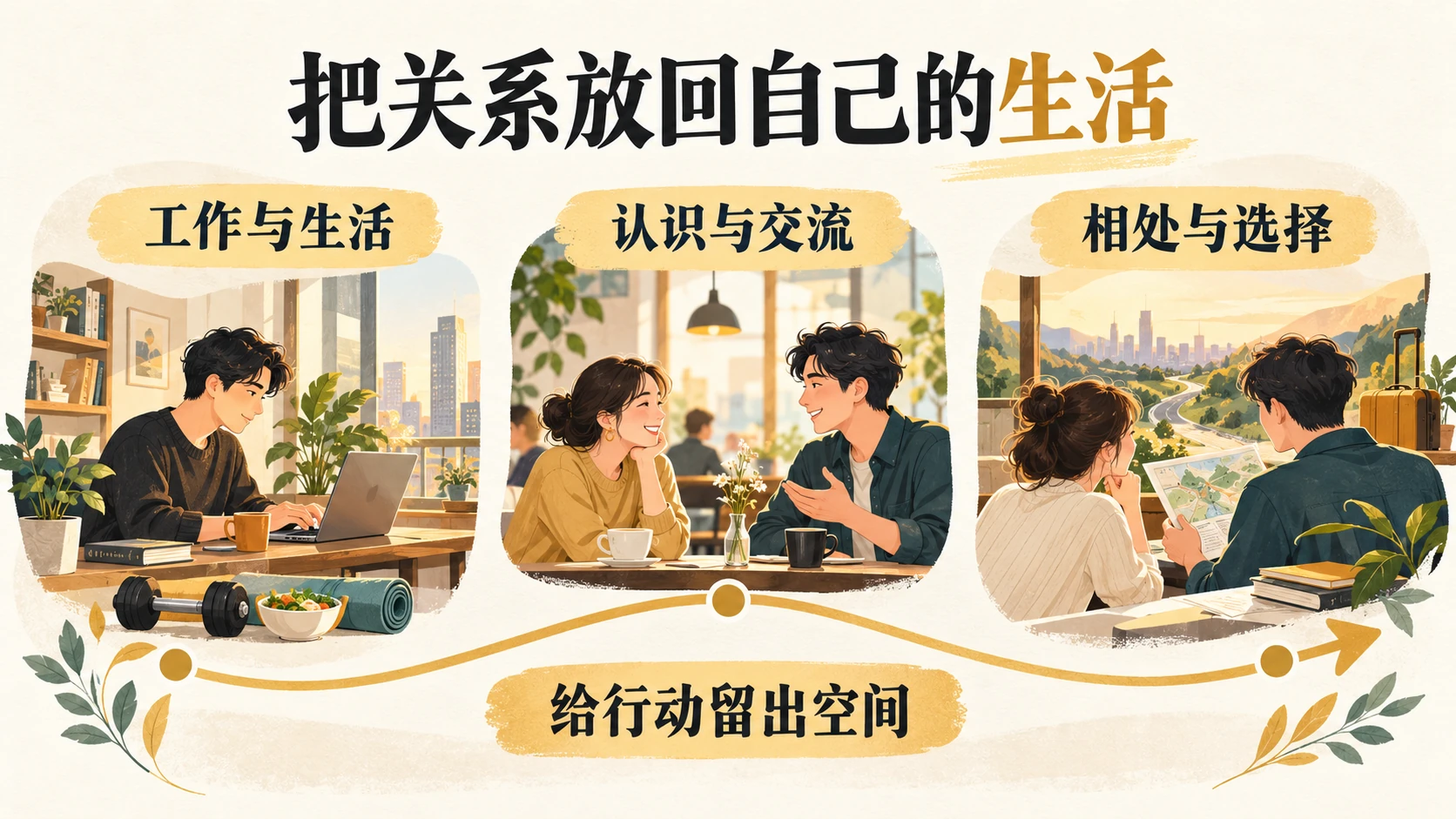 工作与生活、认识与交流、相处与选择三个方面通过一条路径相连