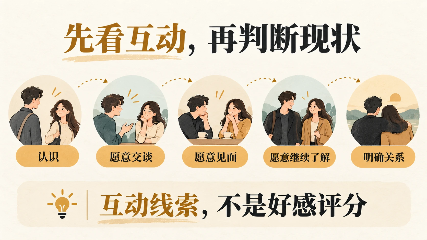 认识、愿意交谈、愿意见面、愿意继续了解与明确关系五种互动状态