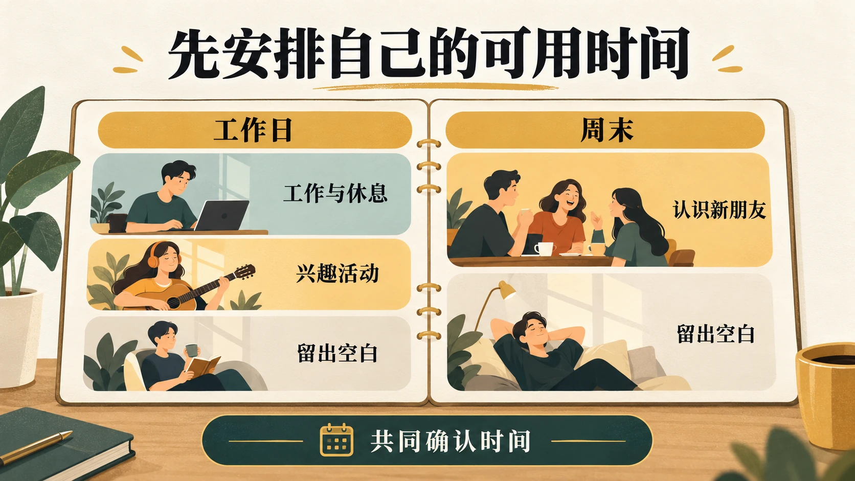 工作日与周末的个人安排表，包含工作休息、兴趣活动、认识新朋友和留白