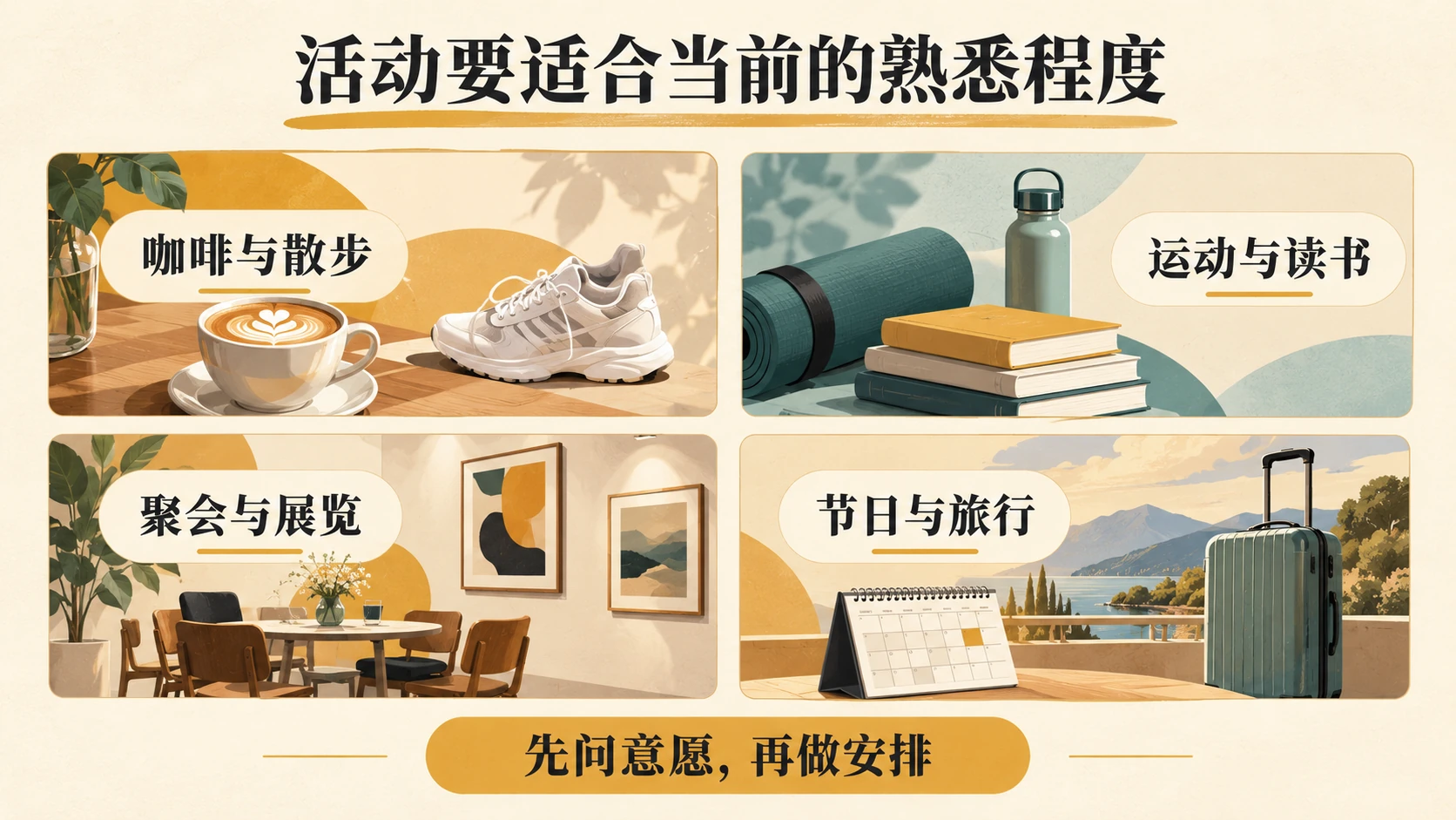 咖啡散步、运动读书、聚会展览、节日旅行四类活动卡片