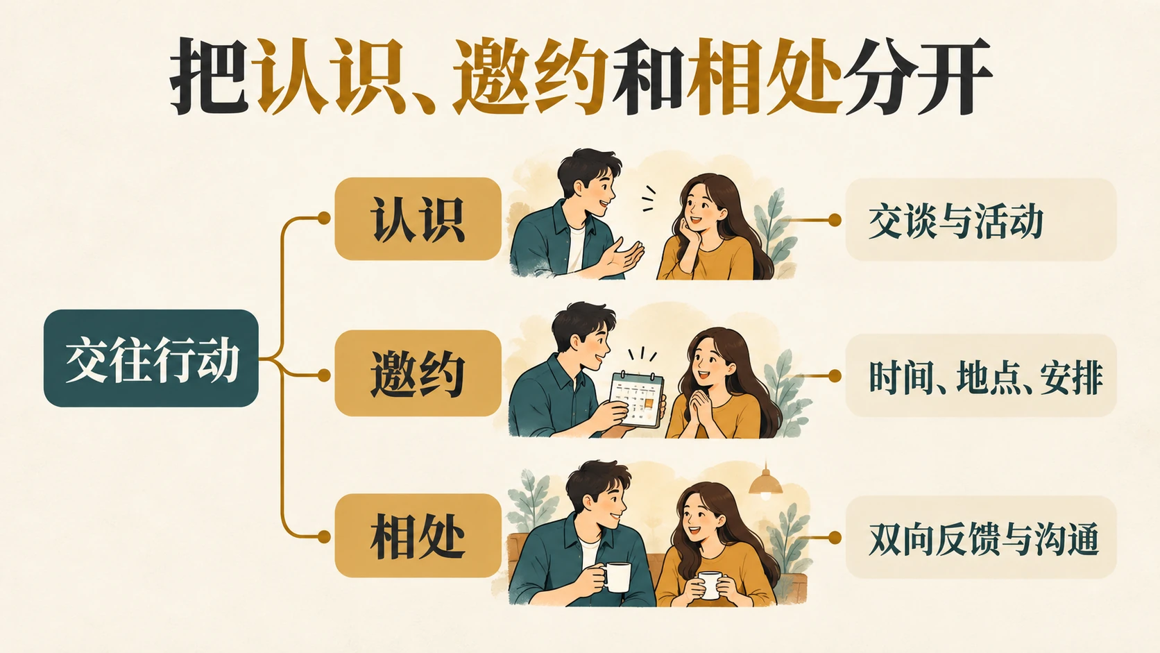 交往行动分为认识、邀约和相处三条分支，各自对应交流、明确安排和双向沟通