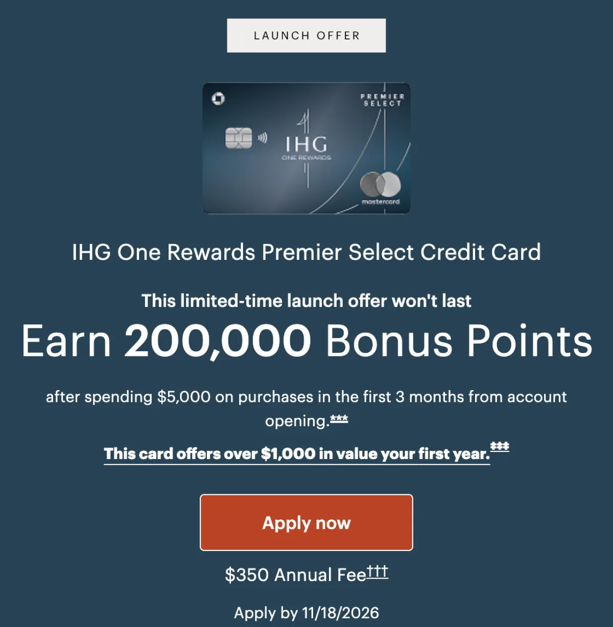 IHG Premier Select首发奖励 IHG Premier Select信用卡200K首发奖励