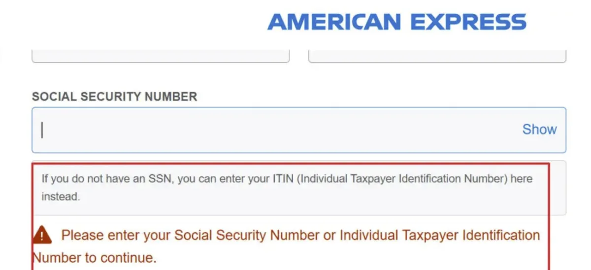 American Express 申请页支持填写 ITIN