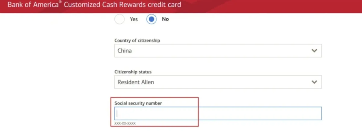 Bank of America 信用卡身份信息页面