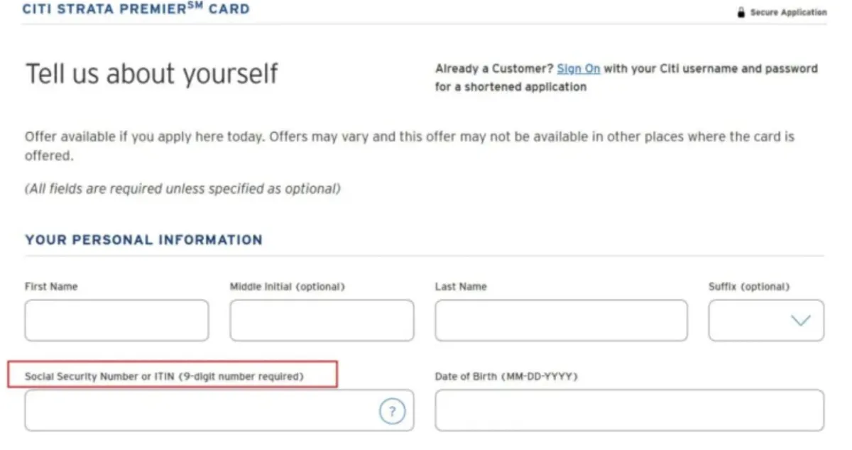 Citi 信用卡在线申请页面