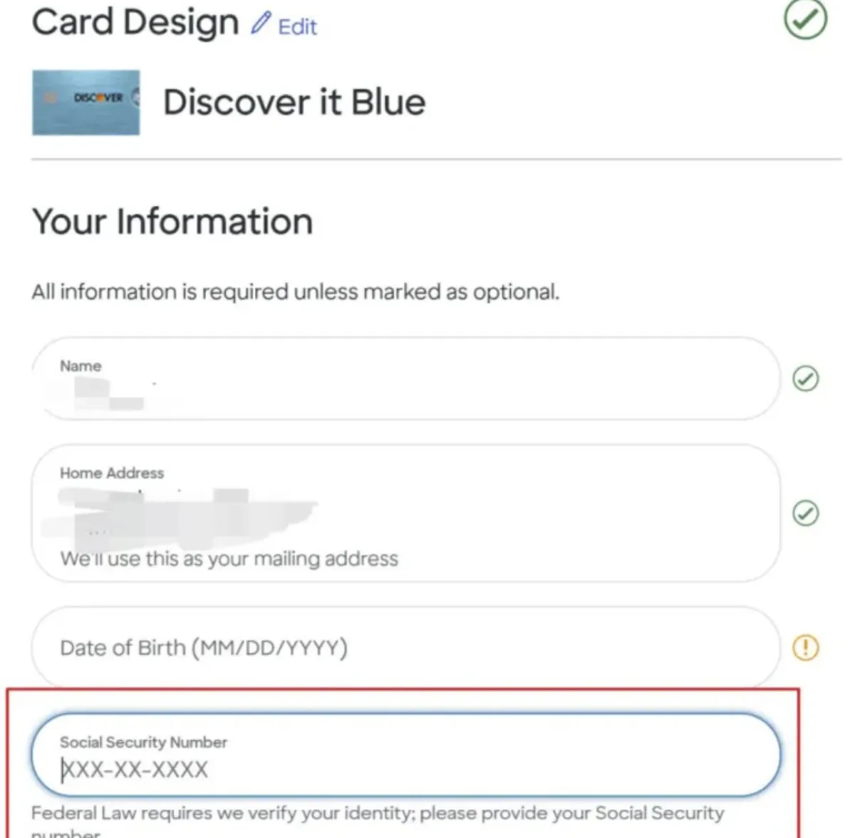 Discover 信用卡申请页面