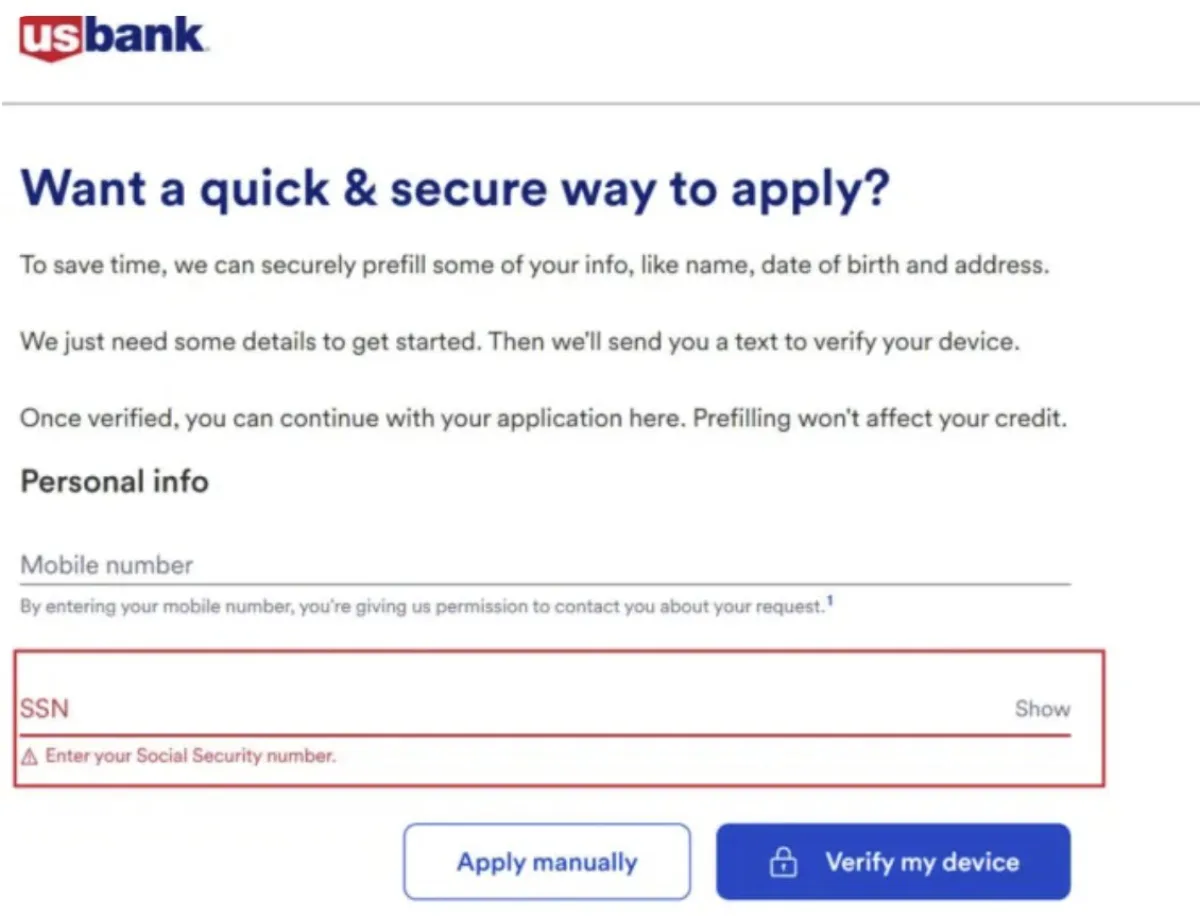 U.S. Bank 信用卡申请页面