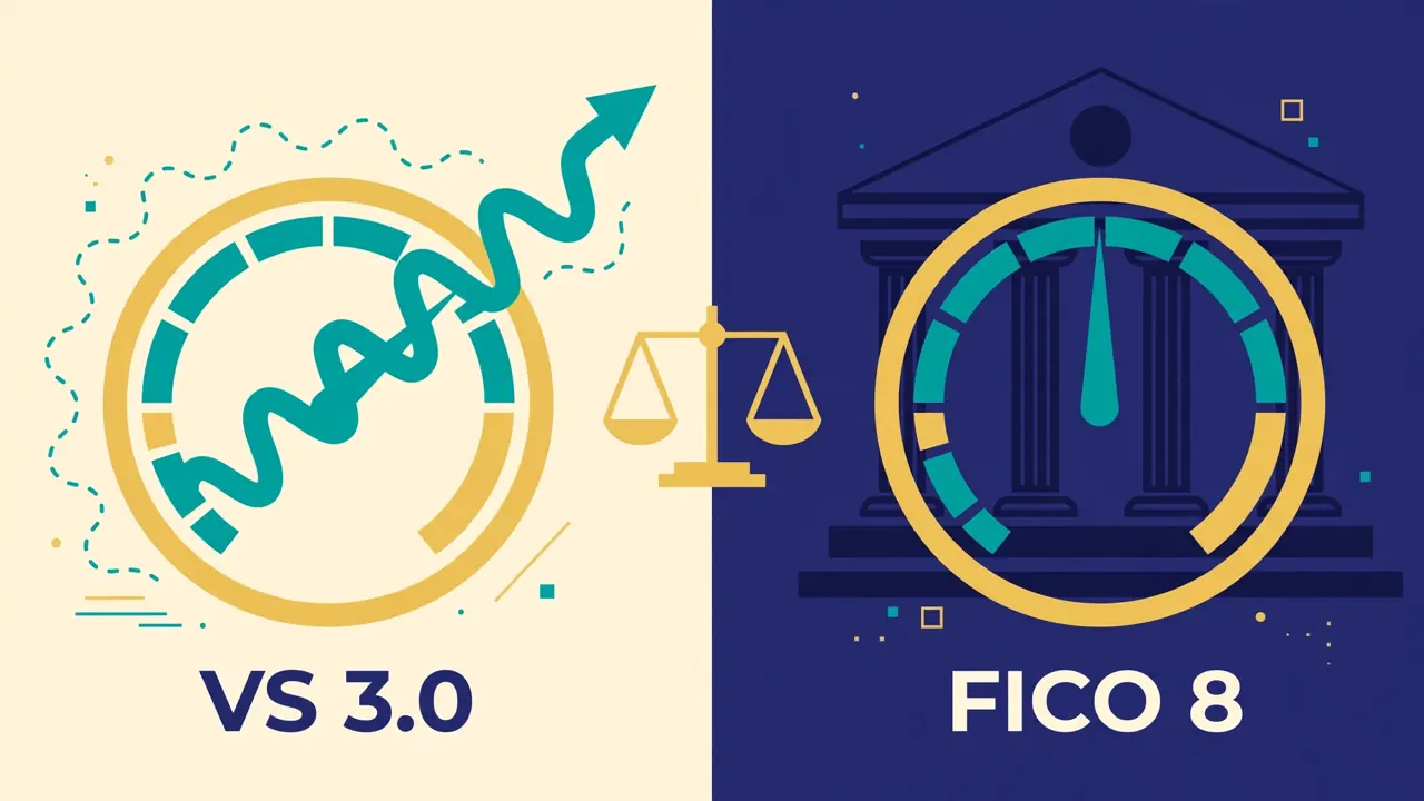 两种分数模型：VS 3.0 波动大、FICO 8 更稳示意