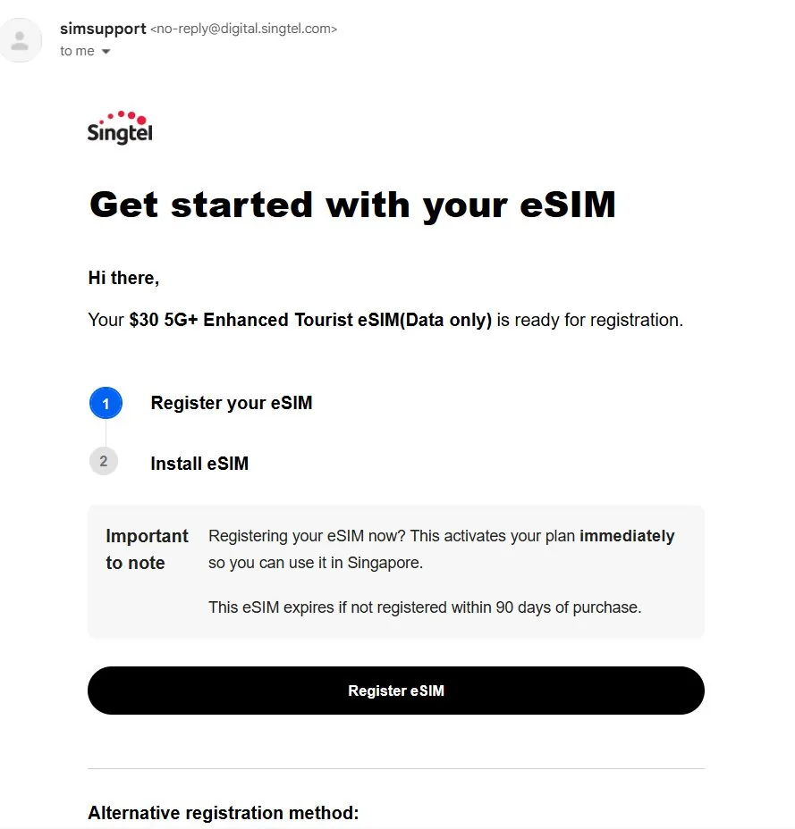 Singtel 激活与套餐信息截图