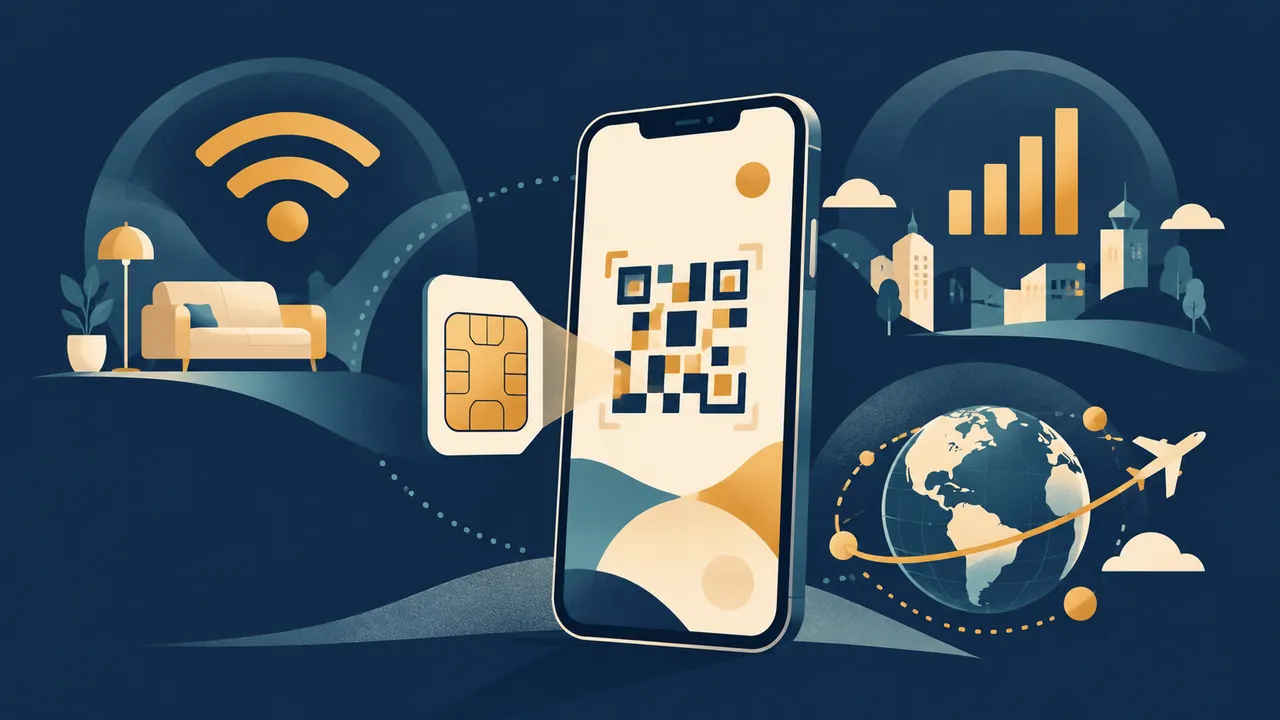 Tello eSIM 开卡、Wi-Fi Calling 与海外使用指南主题概念插画