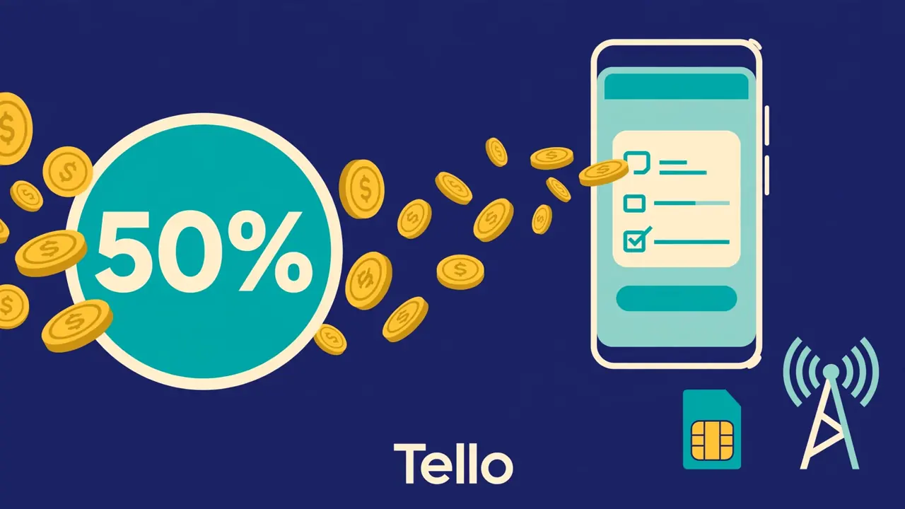 Tello 经 TopCashback 下单，自选套餐返 50% 示意