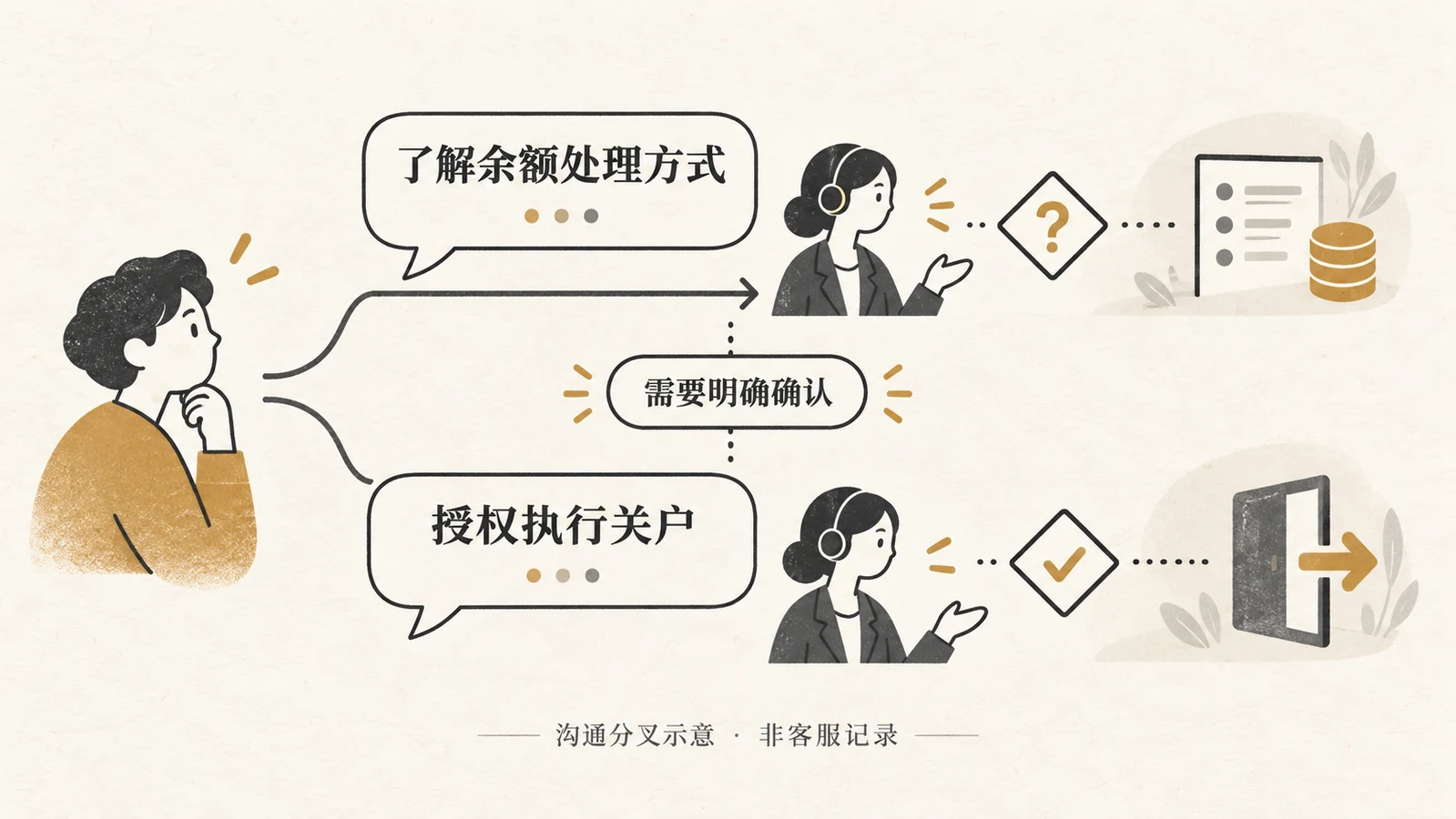了解余额处理方式与授权执行关户，是不同的沟通动作